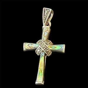 925 Sterling Silver Abalone Marcasite  MOP Cross Pendant Iridescent
